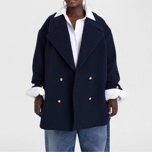 KBB by KahlaNa Women's Navy Blue Double-Breasted Pea Coat Gold Buttons Size L